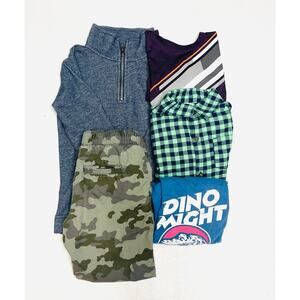 Boys Bundle 5 Items - Pullover Jacket, Camo Pants, Checkered Shirt, Dinosaur Top